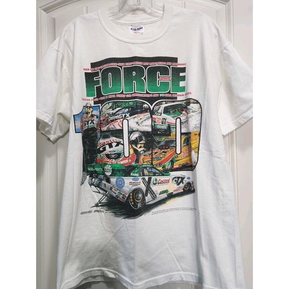 Vintage John Force 100th Victory NHRA Drag Racing T-Shirt Jerzees White Large
